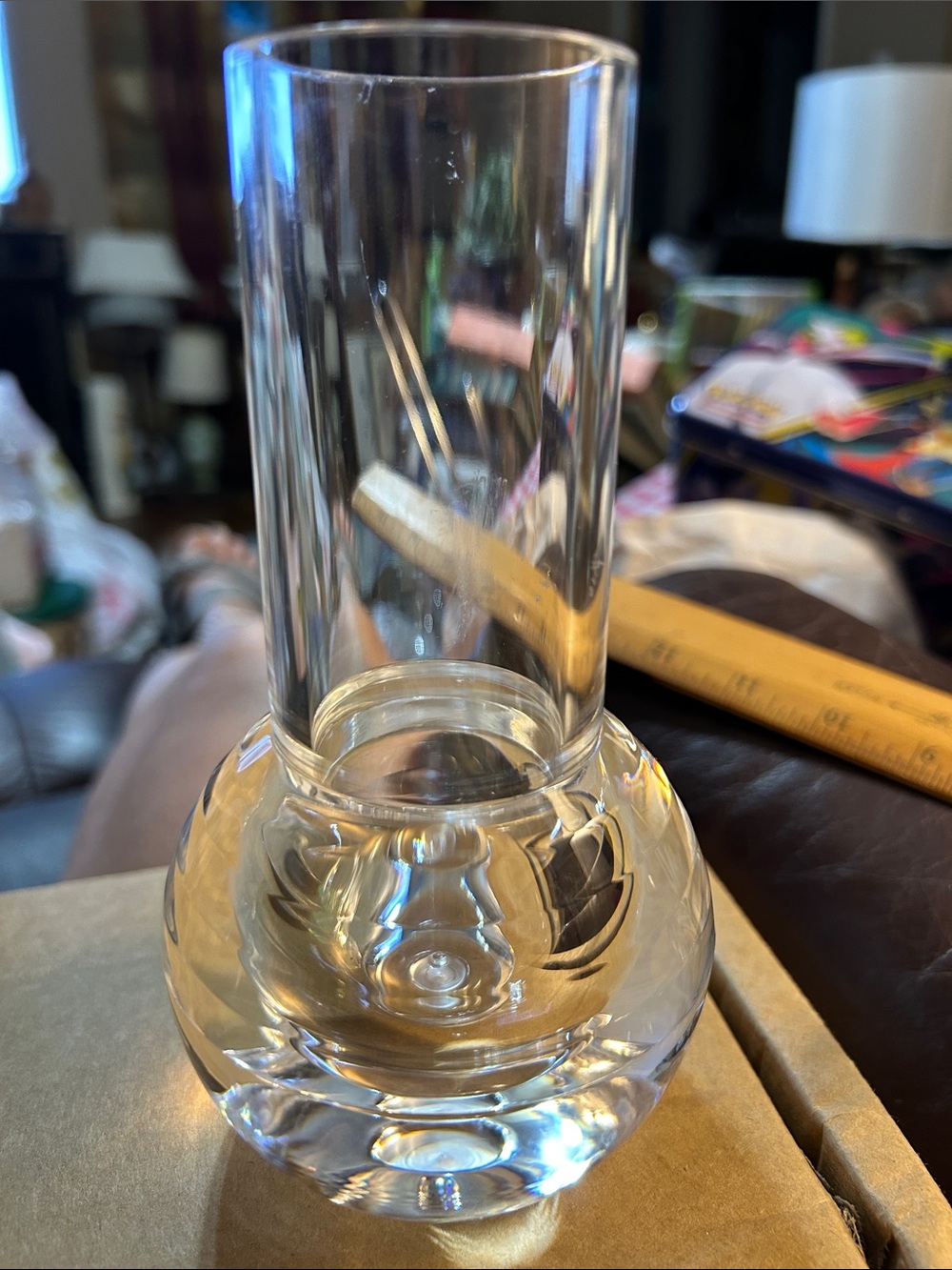 Vintage Clear LUCITE Bud Vase  with Ribbed base .  Measures 6.5” EUC